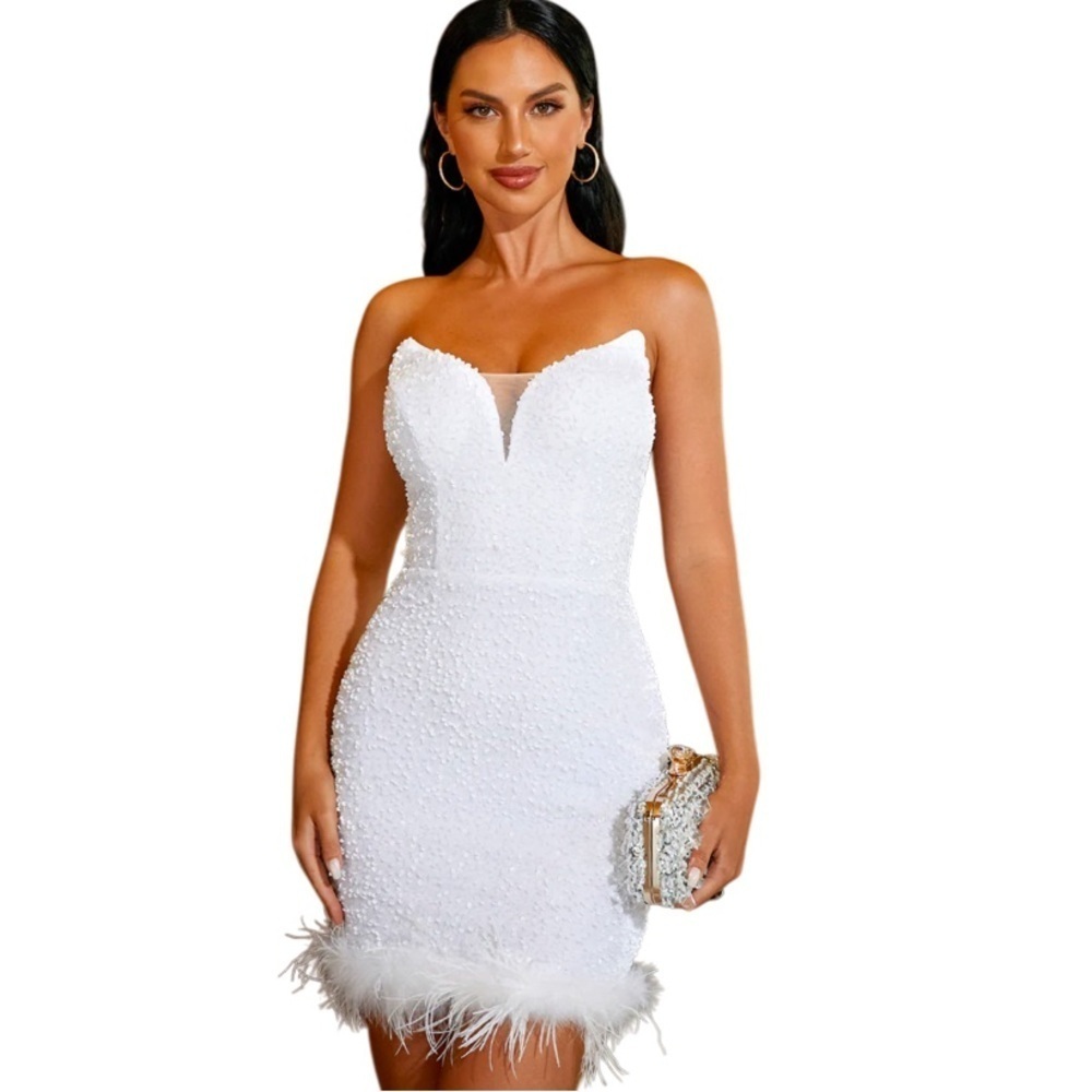 MISS ORD - Sequinned Faux Fur Trim Feather Mini Dress - SIZE MEDIUM🤍👰🏻‍♀️✨